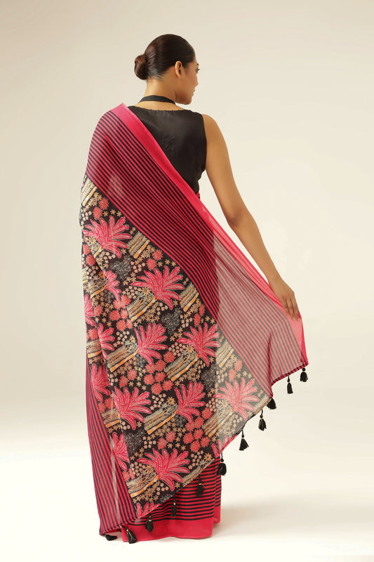 WINE TROPICAL MOTIF SAREE