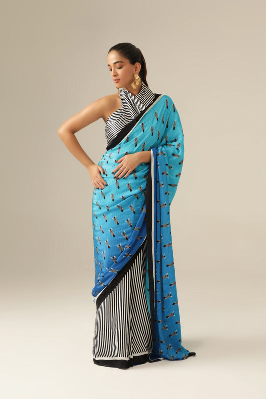 AZURE STRIPE & MOTIF SAREE