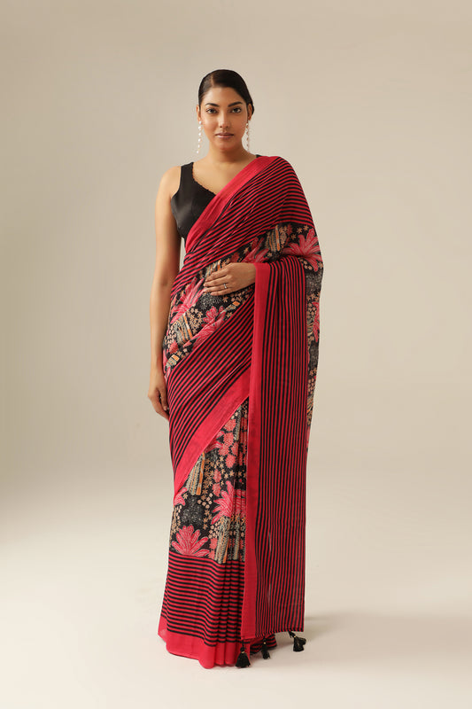 WINE TROPICAL MOTIF SAREE