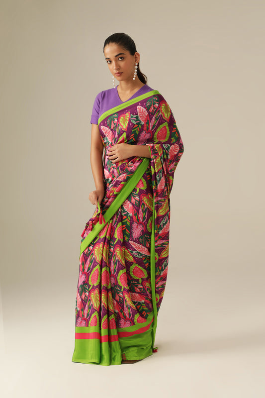 PLUM TROPICAL LEAF SAREE