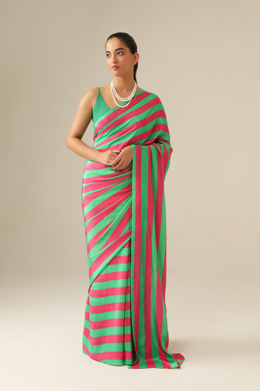 FUCHSIA AND GREEN STRIPE   SAREE