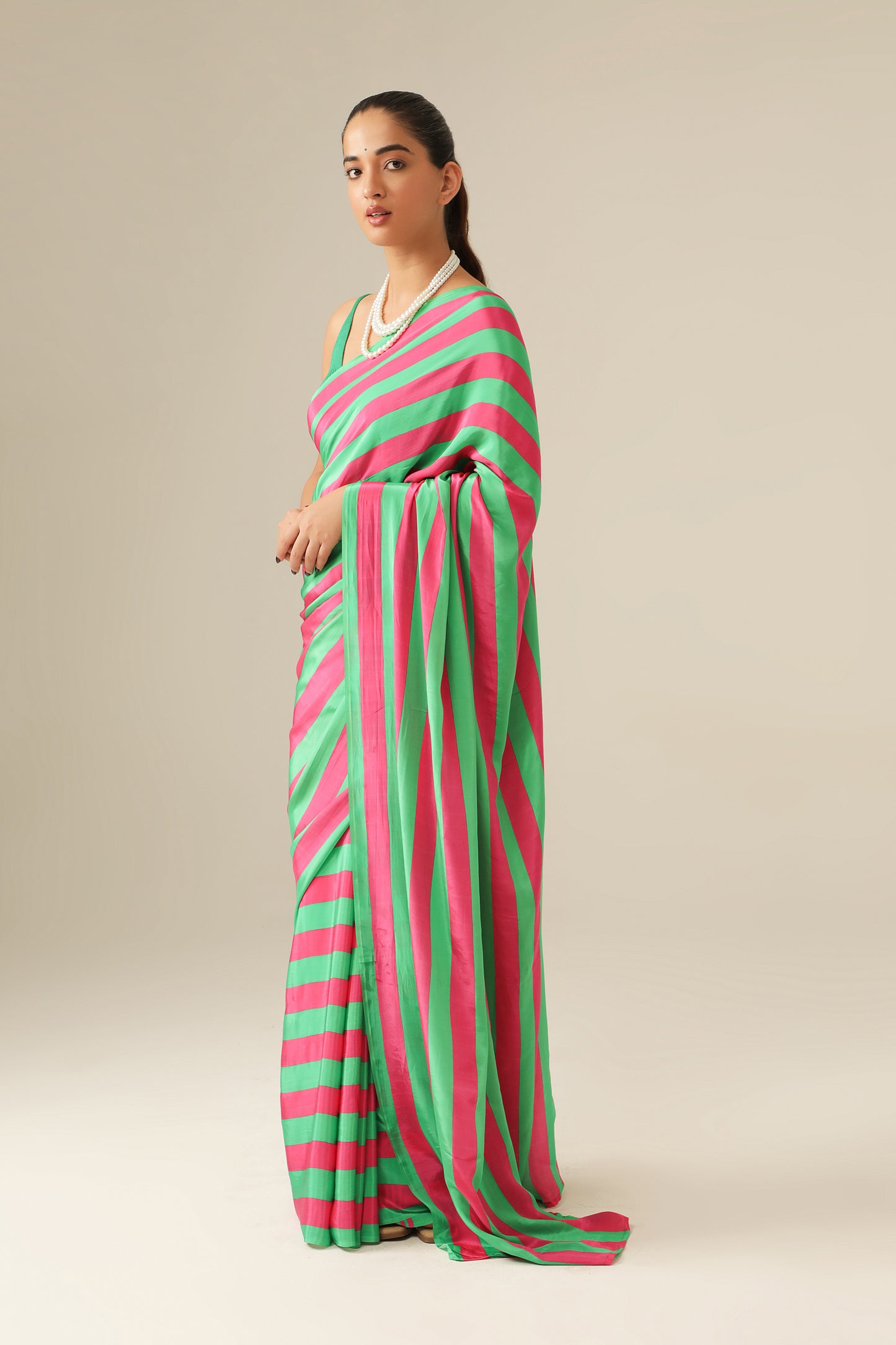 FUCHSIA AND GREEN STRIPE   SAREE