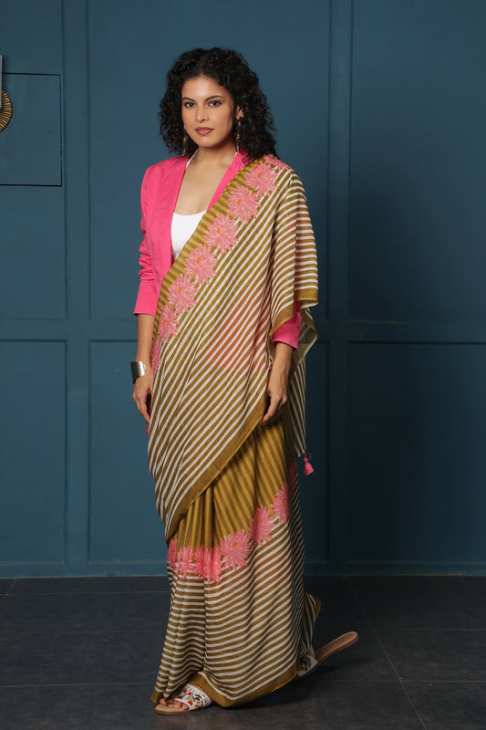 OLIVE FLORAL STRIPE SAREE