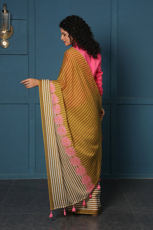 OLIVE FLORAL STRIPE SAREE