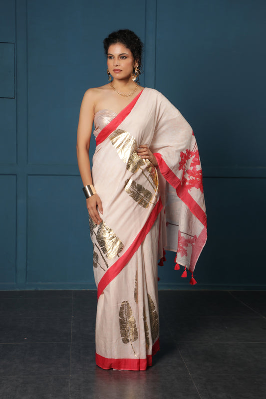 BLUSH BANANA LEAF FOIL  SAREE