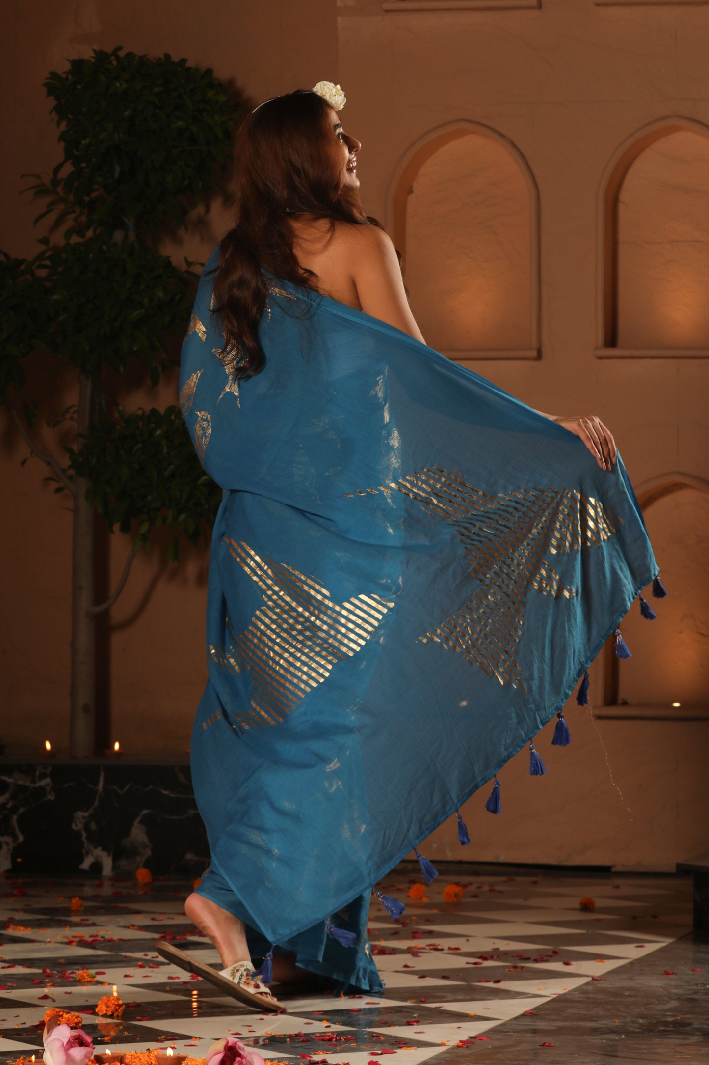 BLUE FOIL BIRD SAREE