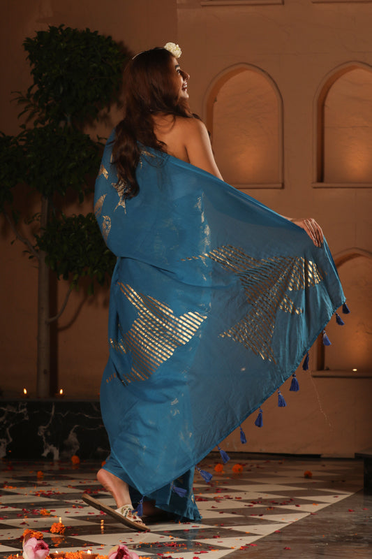 BLUE FOIL BIRD SAREE