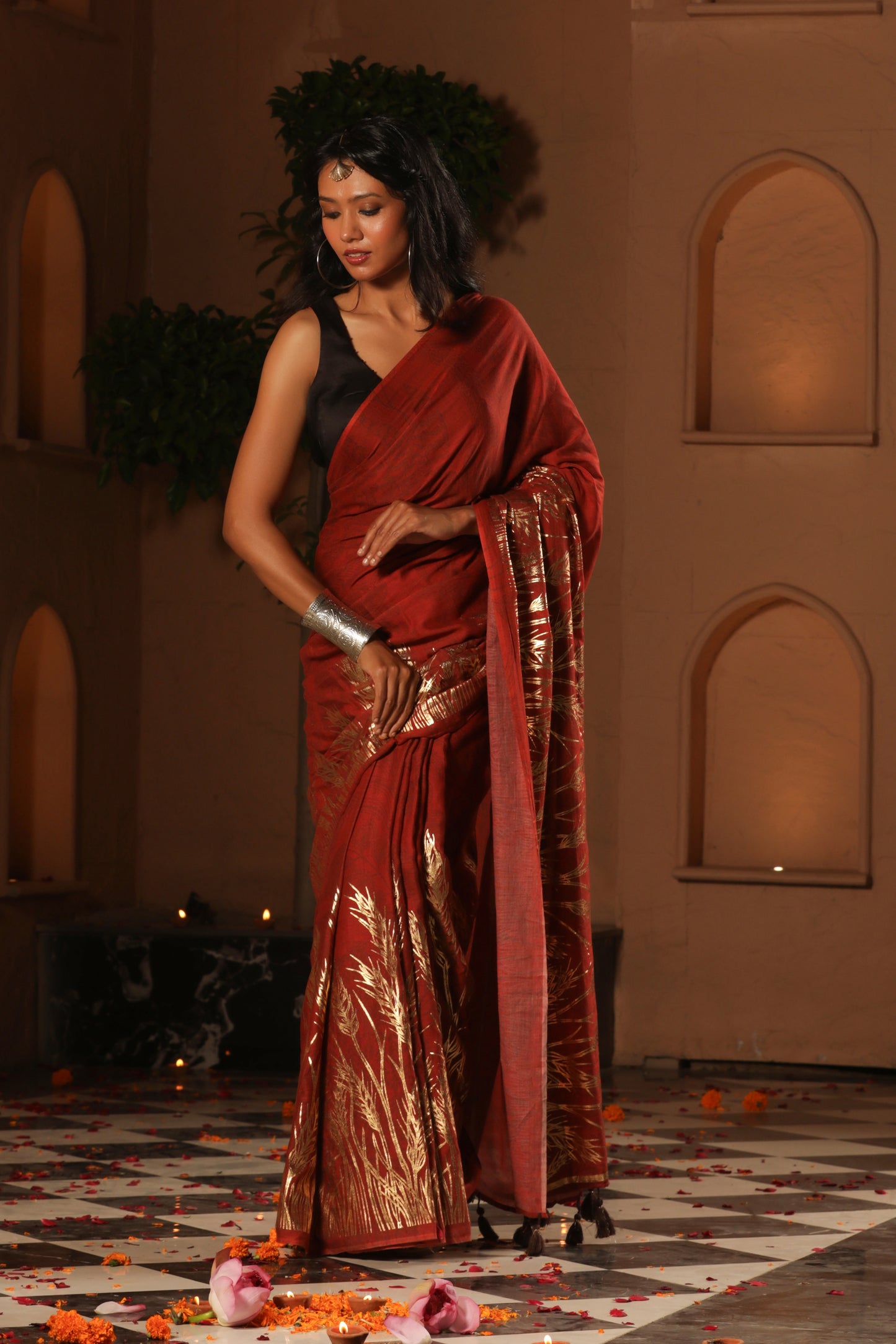 MAROON WHEAT¬† FOIL SAREE
