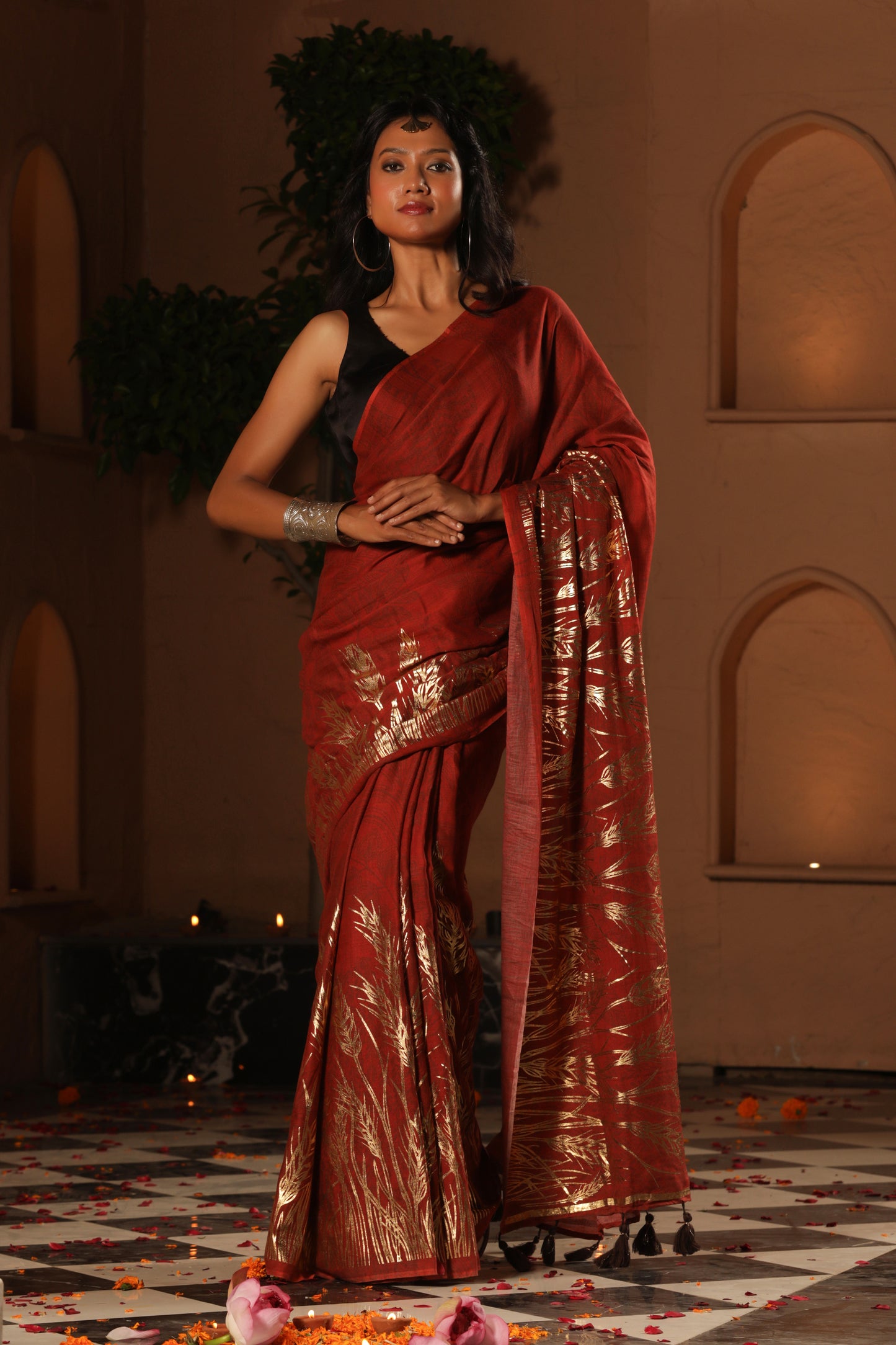 MAROON WHEAT¬† FOIL SAREE